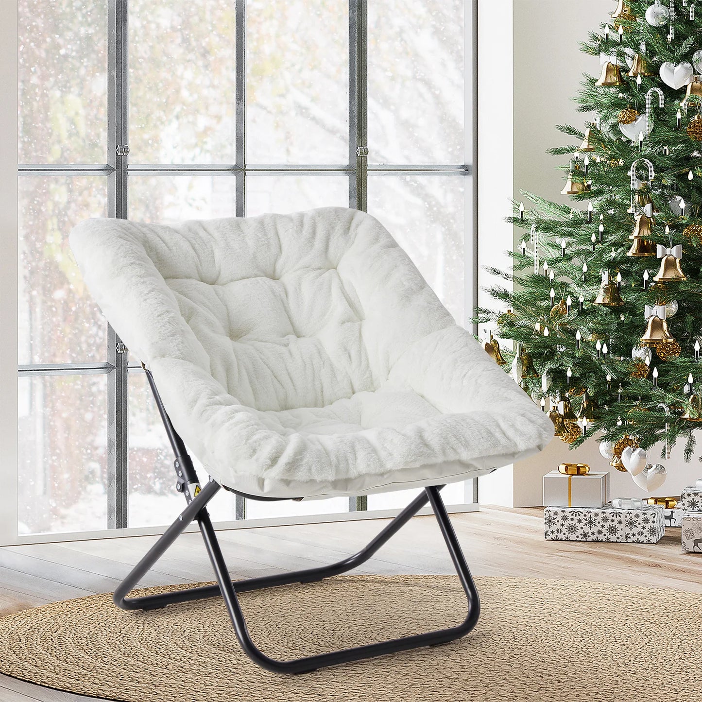 JHK Cozy Folding Saucer Chair With Faux Fur Padded Seat
