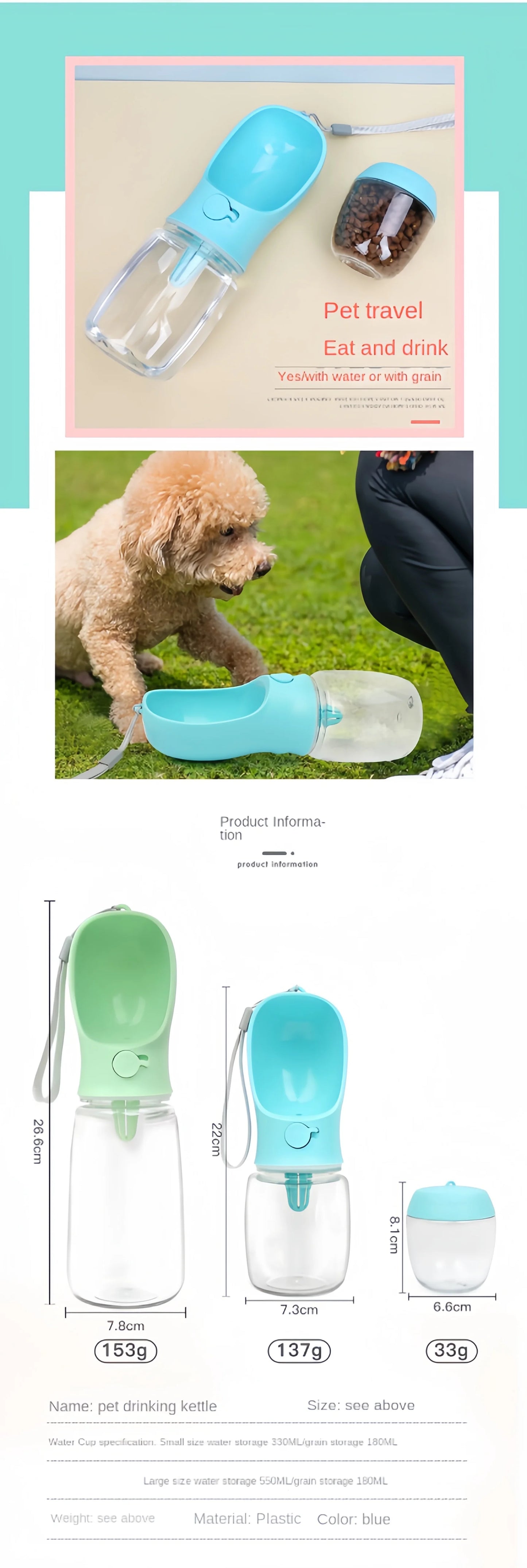 Portable Pet Water Bottle With Food And Water Storage Travel