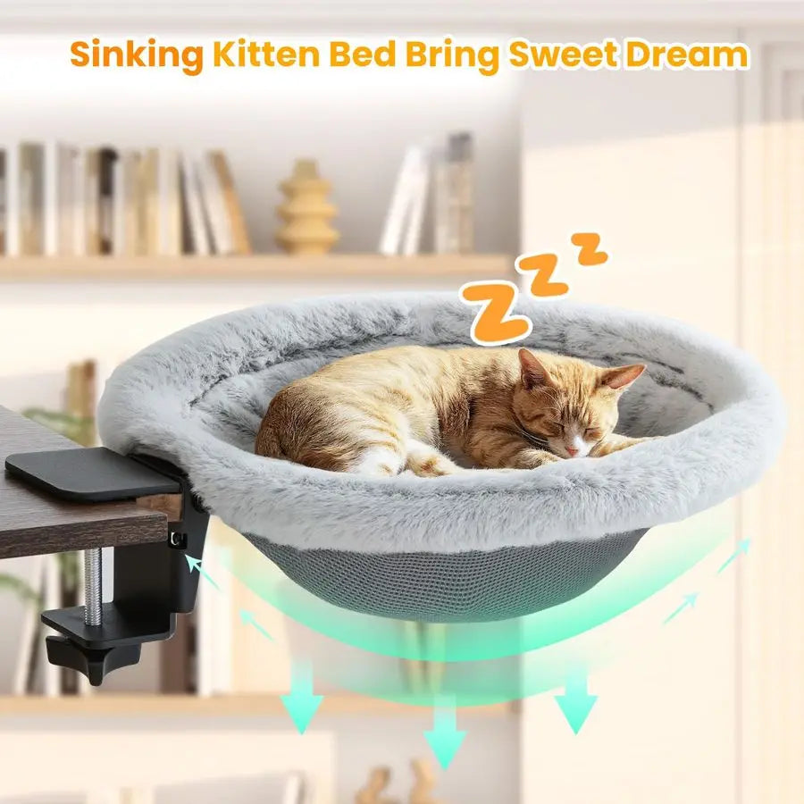 Cat Desk Bed With Clamp, Sunken Hammock And Plush Bed
