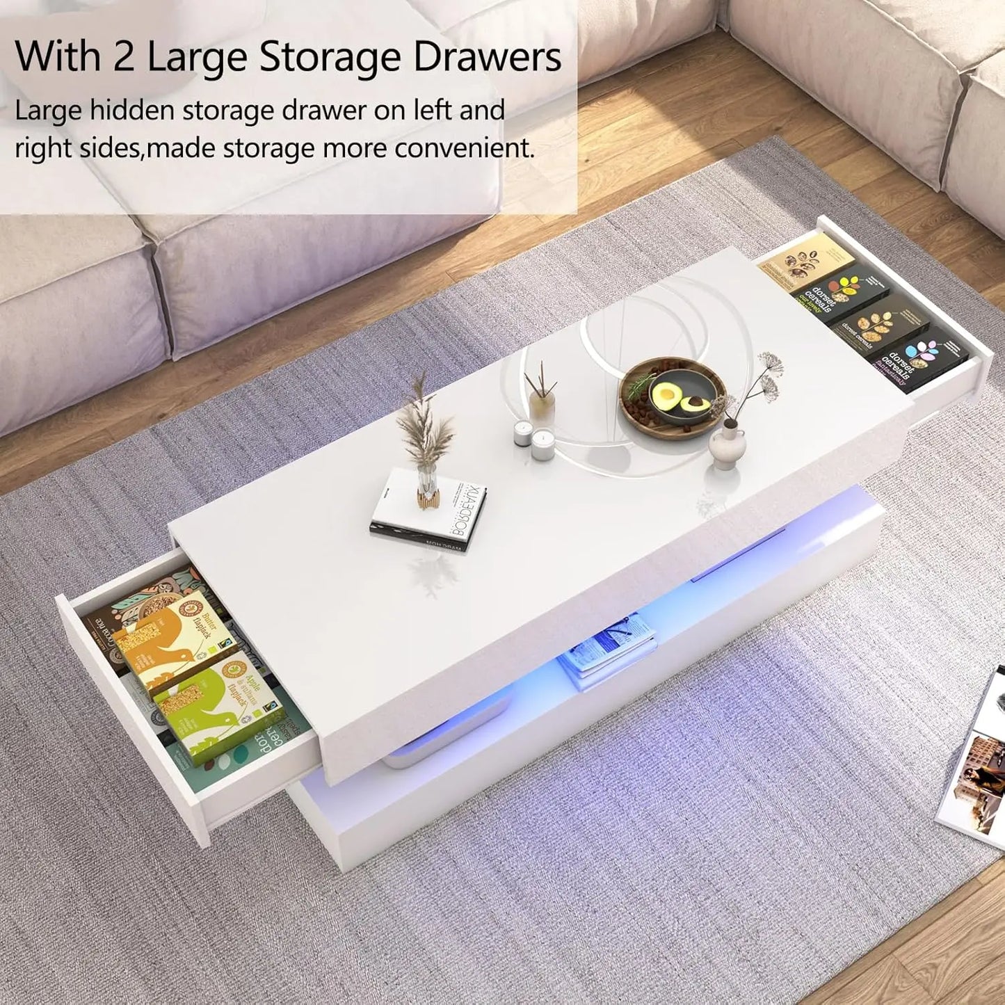 QiaoShiRen Modern LED Coffee Table With Double Layer Drawers