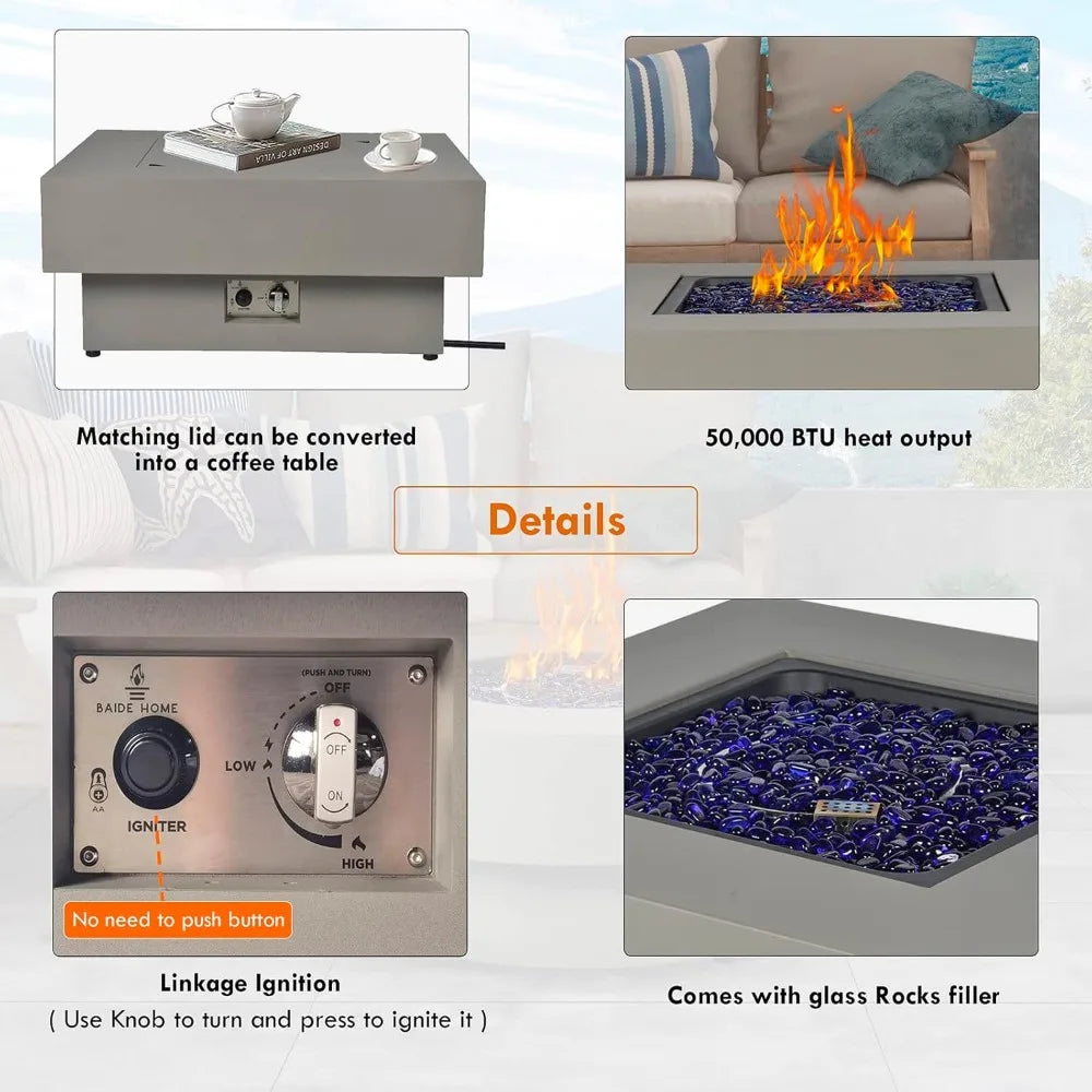 Outdoor Gas Fire Pit Table With Lid And Glass Rocks
