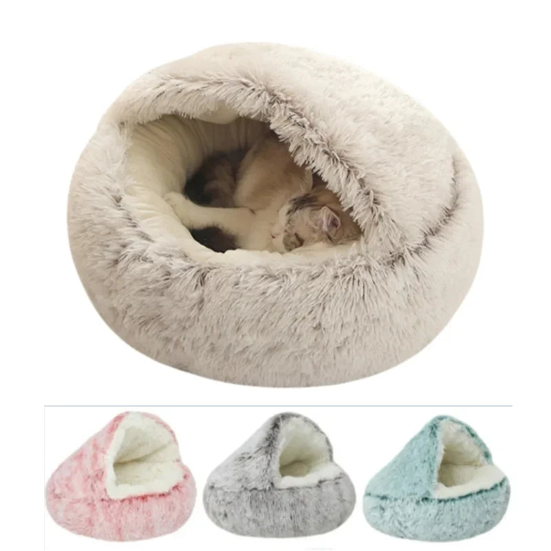 Winter Ultrasoft Plush Round Cat Bed 2 In 1 DeluxeNest