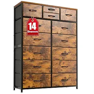 YQXH Tall Dresser With 14 Drawers Fabric Dresser Wood Top Metal Frame