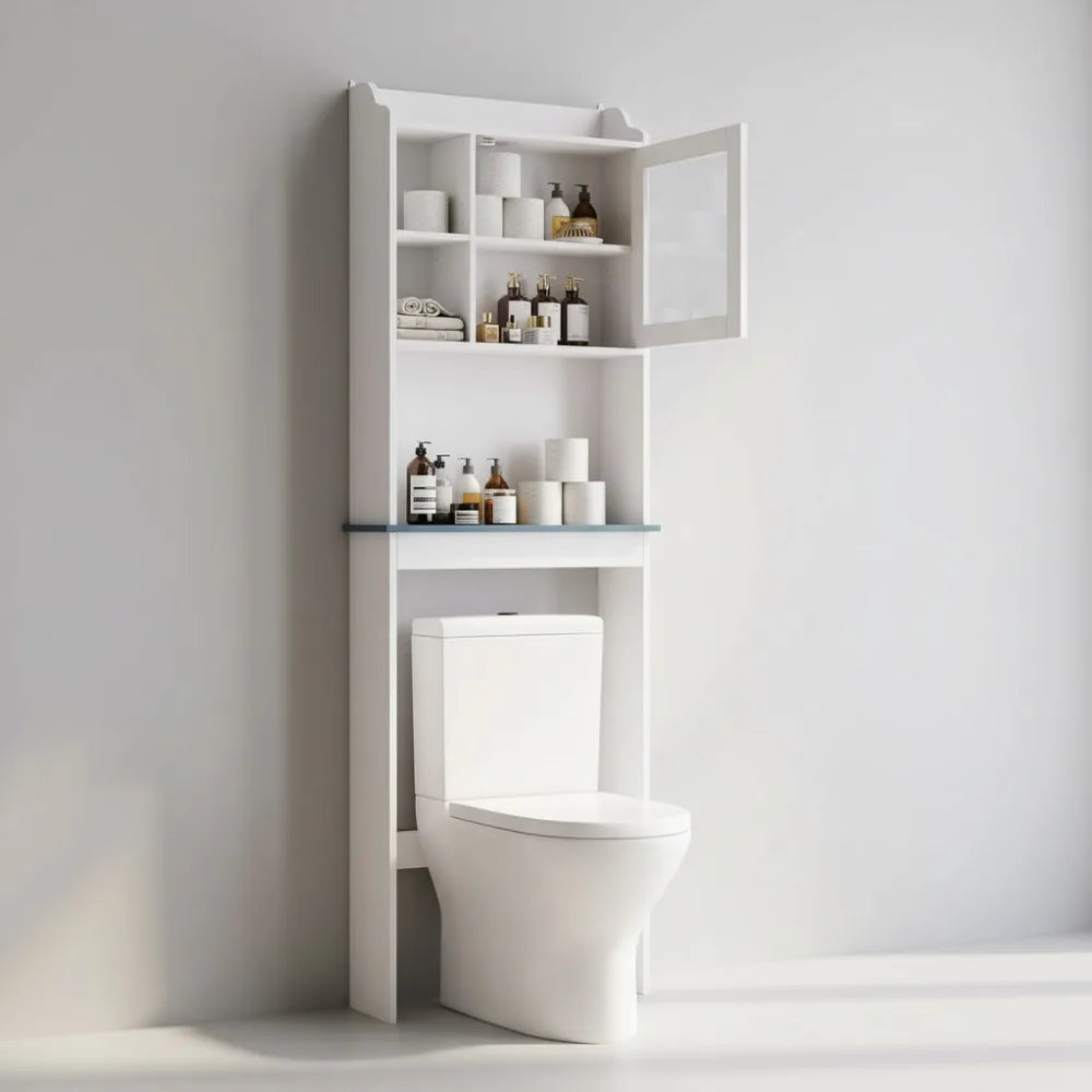 Tall Over Toilet Storage Cabinet With Glass Door