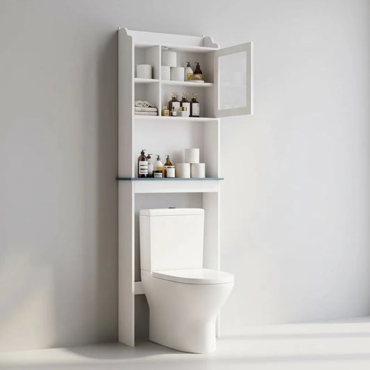 Tall Over Toilet Storage Cabinet With Glass Door