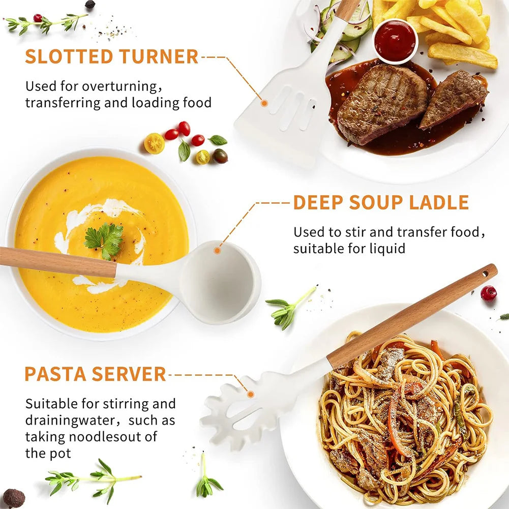 12Pcs Kitchen Utensil Set Silicone Spatula Set Wooden Handle Heat-Resistant Cookware Spatula Spoon Brush Whisk for Kitchen