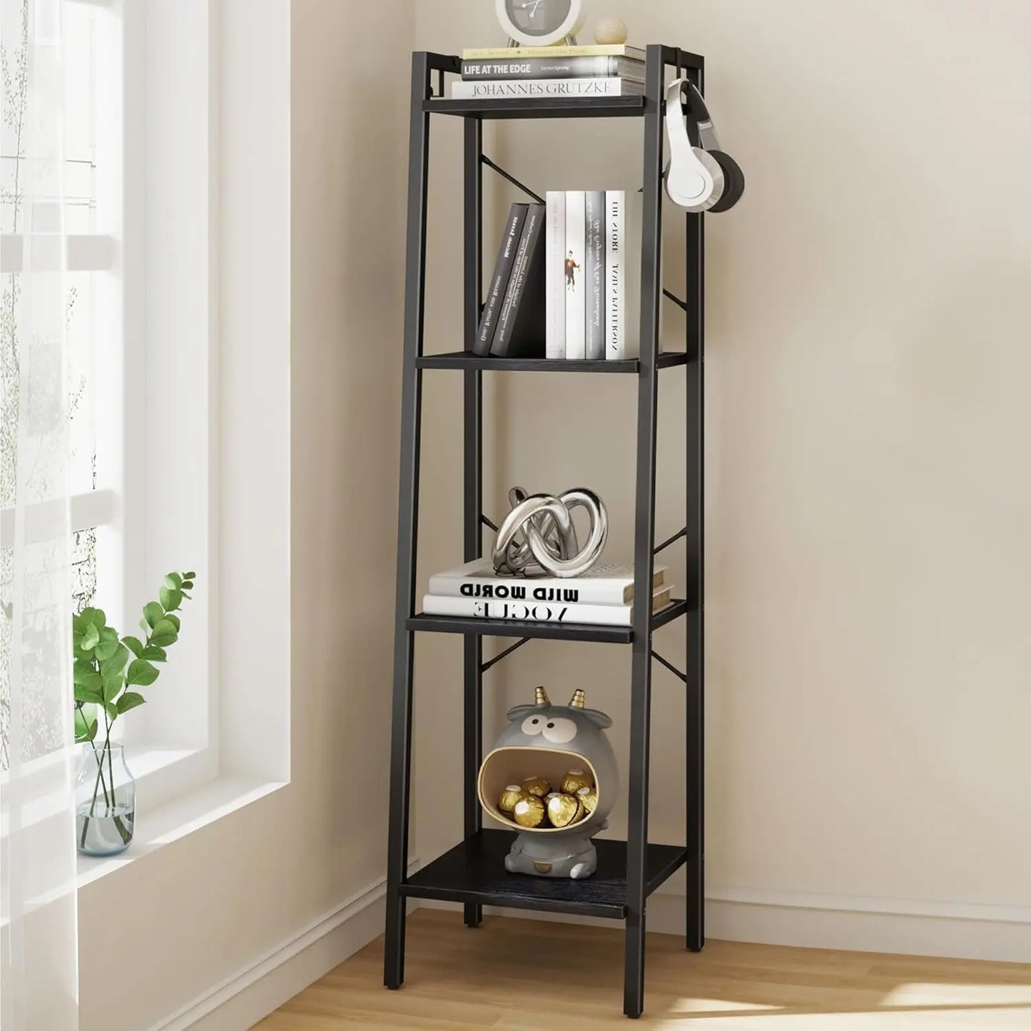 XIUWO Ladder Shelf Bookshelf With 2 Hooks Freestanding Corner Storage