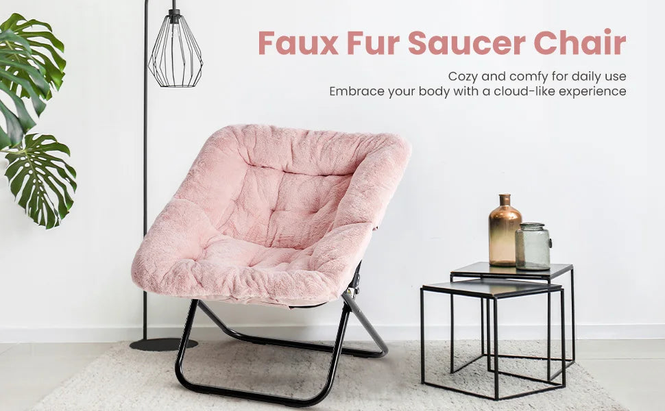 JHK Cozy Folding Saucer Chair With Faux Fur Padded Seat