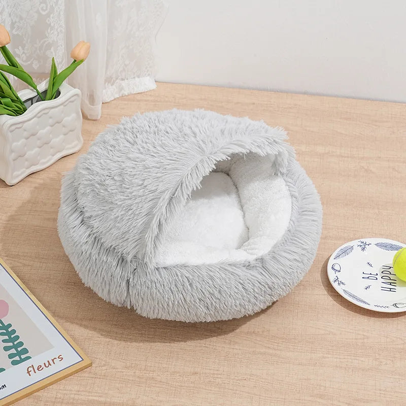 Winter Ultrasoft Plush Round Cat Bed 2 In 1 DeluxeNest