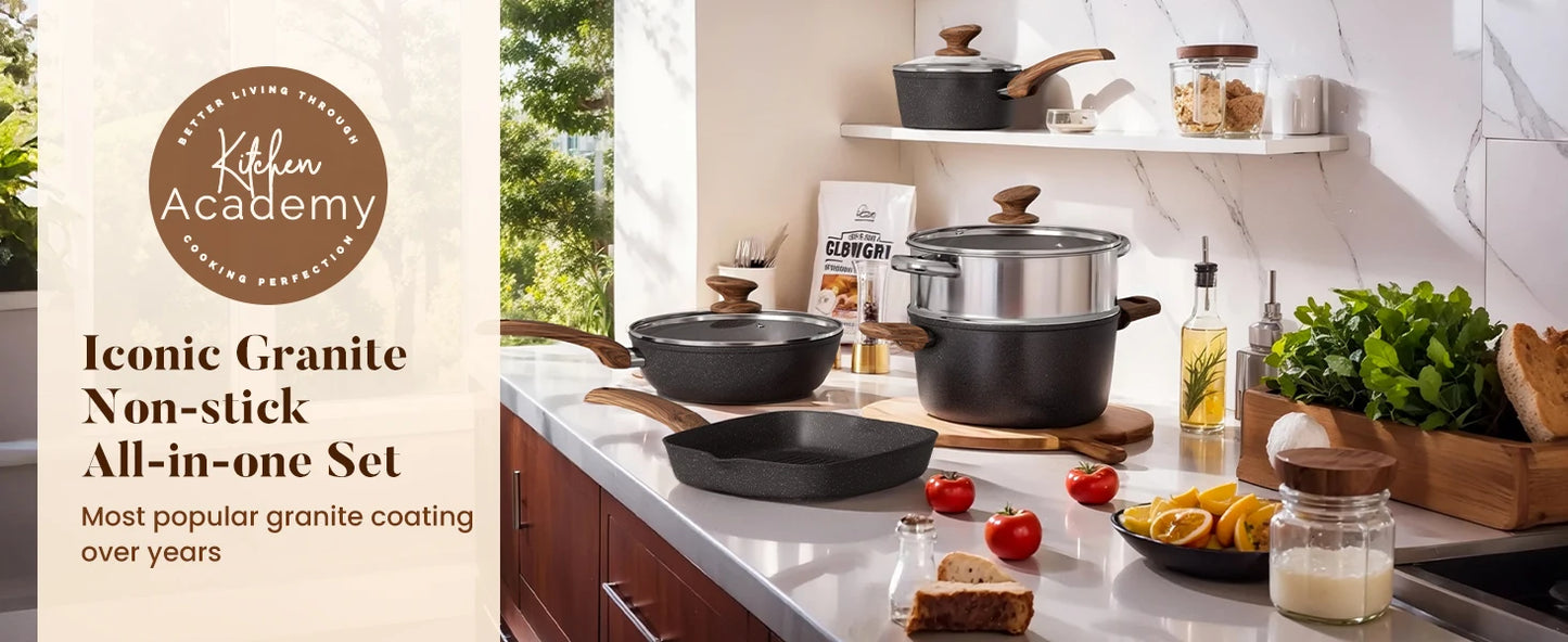 17Pcs Pots and Pans Set Non Stick, Nonstick Kitchen Cookware Sets, Black Granite Induction Cookware, Non-toxic Healthy Nonstick