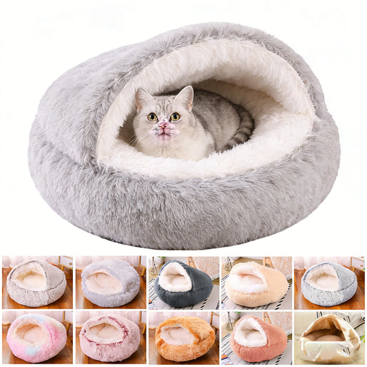 Winter Ultrasoft Plush Round Cat Bed 2 In 1 DeluxeNest