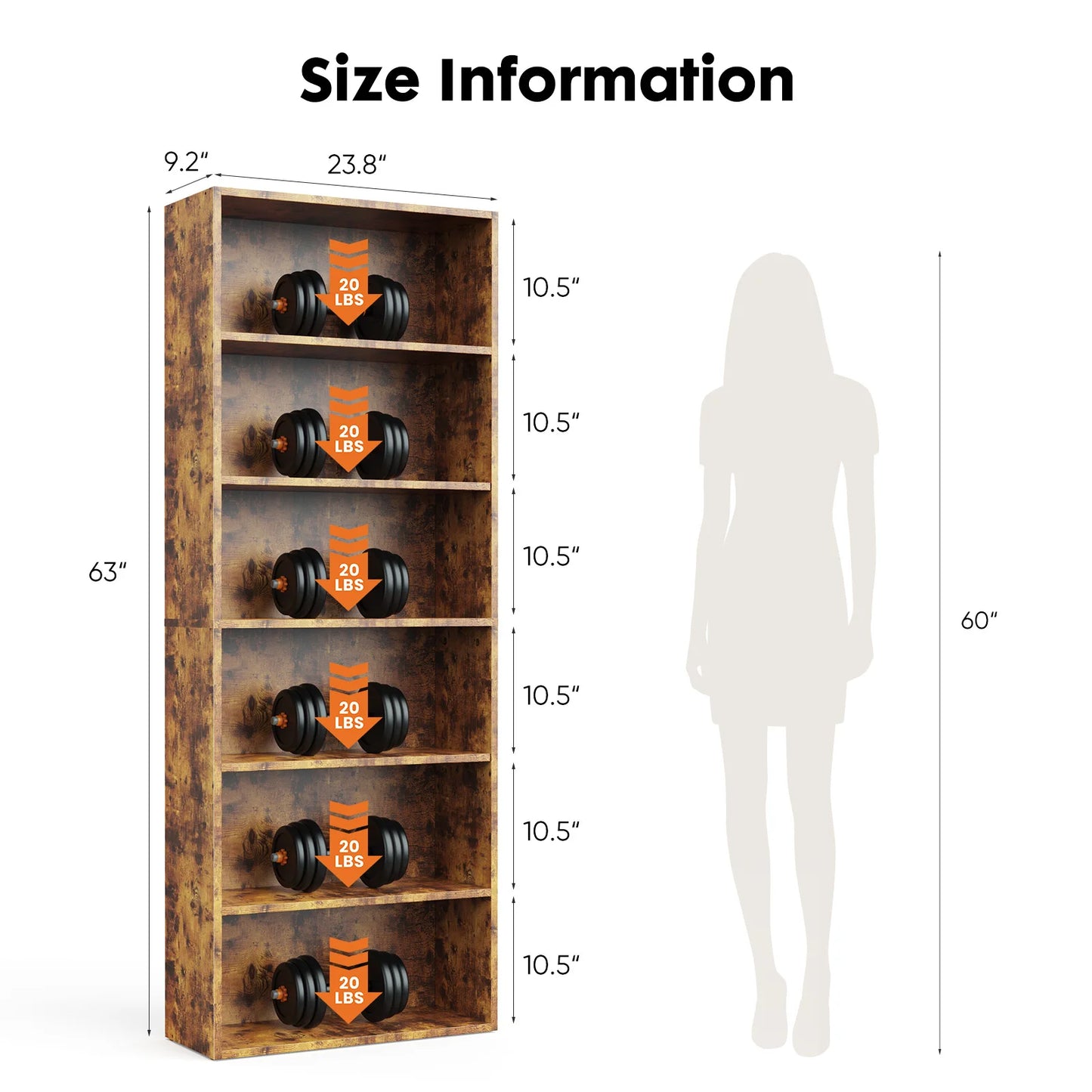 JHK 6 Tier Wooden Shelf Bookcase Floor Standing Living Room