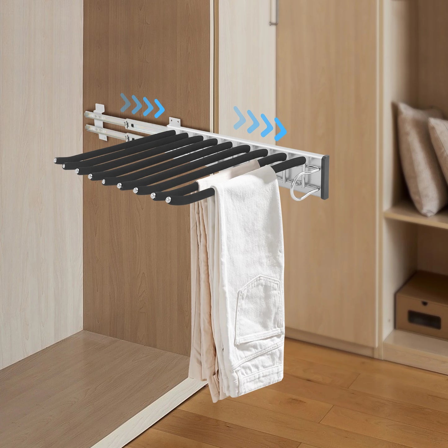 9 Arms Pull Out Trousers Rack Wardrobe Pants Organizer Retractable Closet Pants Hanger Right Left Side Mount