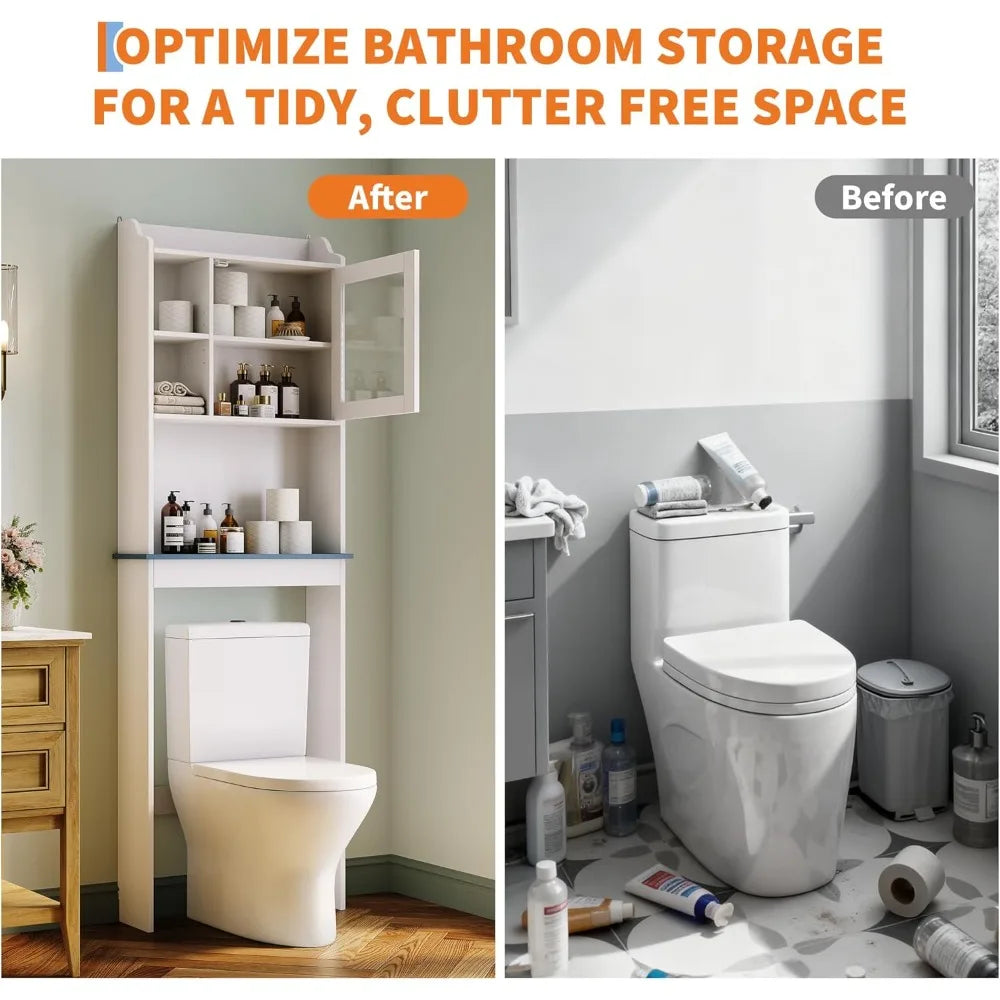 Tall Over Toilet Storage Cabinet With Glass Door