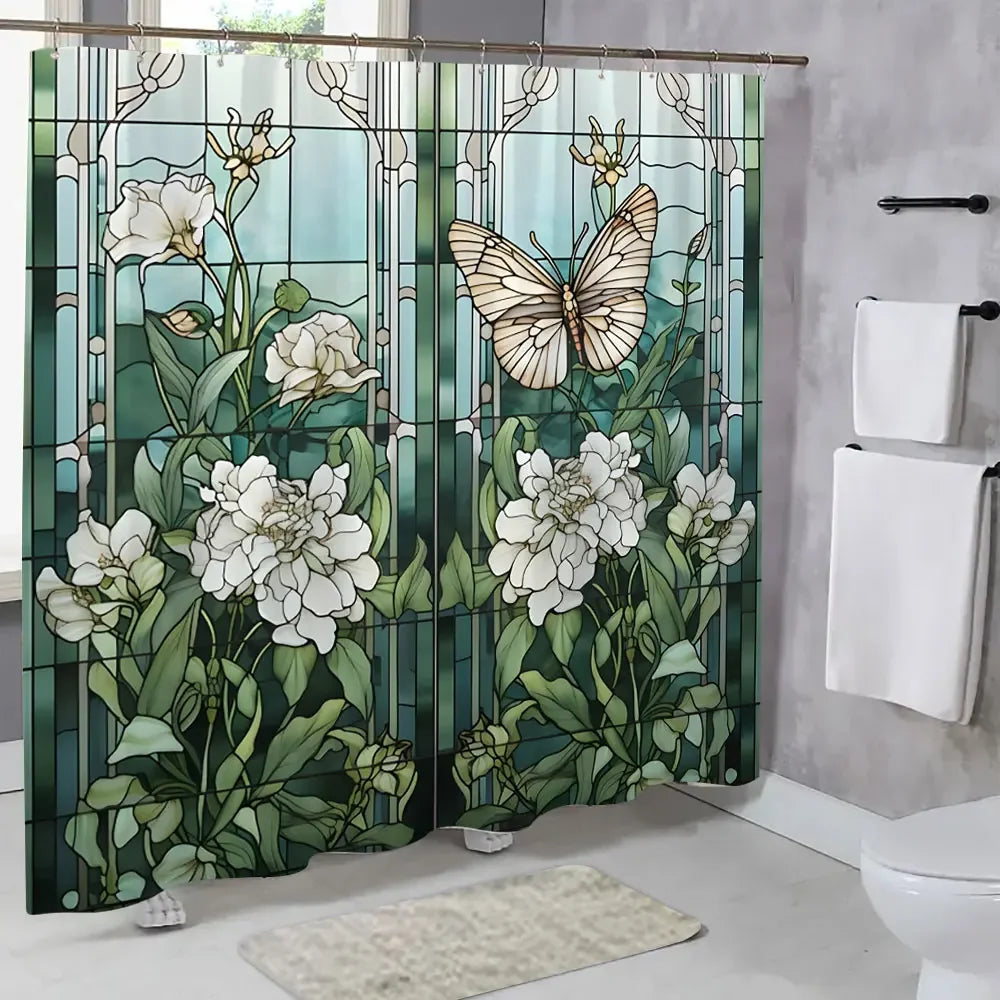 Colourful Glass Meadow Flower Butterfly Print Polyester Fabric Shower Curtain Home Hotel Apartment Bathroom Shower Curtain Decor