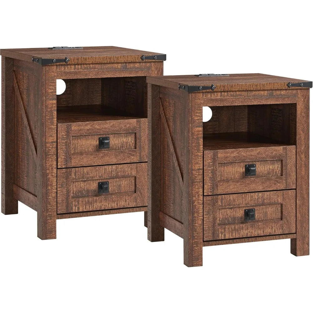 Farmhouse Nightstand Set with Charging Station Rustic Bedroom Nightstands