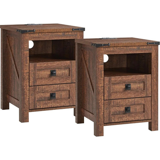 Farmhouse Nightstand Set with Charging Station Rustic Bedroom Nightstands