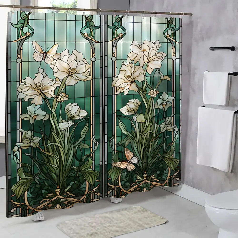 Colourful Glass Meadow Flower Butterfly Print Polyester Fabric Shower Curtain Home Hotel Apartment Bathroom Shower Curtain Decor