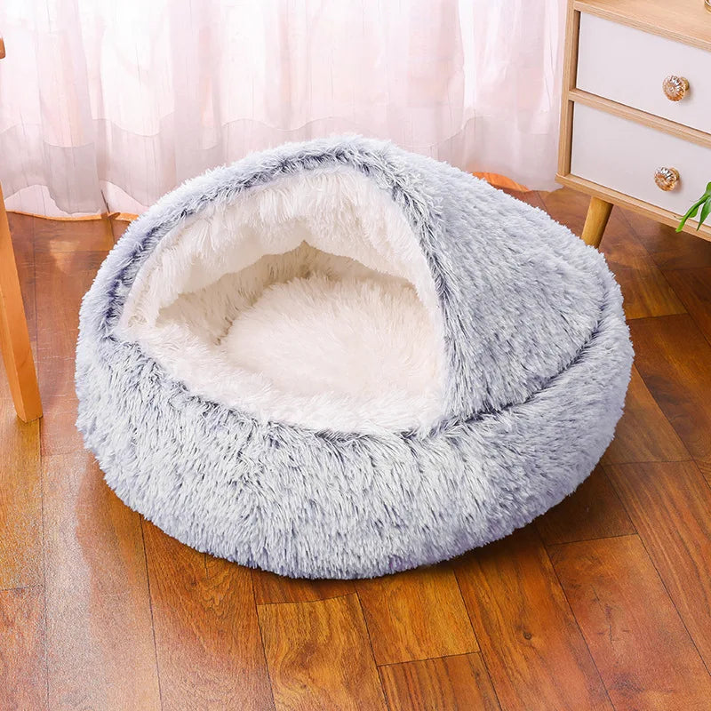 Winter Ultrasoft Plush Round Cat Bed 2 In 1 DeluxeNest