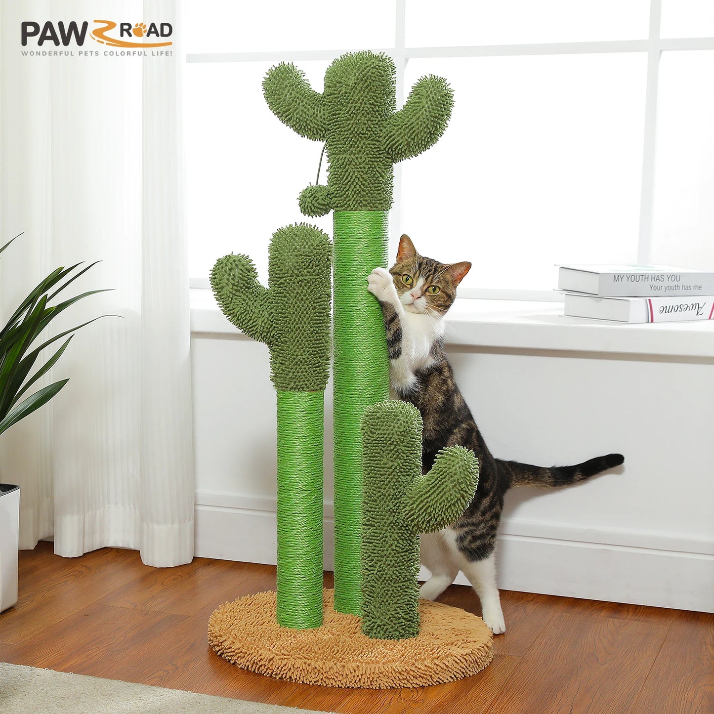 Cactus Cat Scratching Post for Indoor Cats Tall Cat Scratcher with 3 Sisal Scratching Poles Interactive Dangling Ball Cat Toys