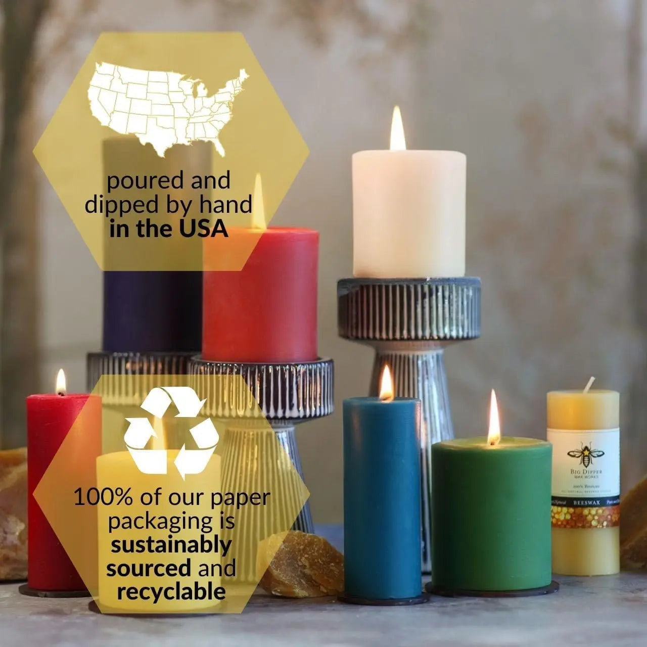 Pure Beeswax Pillar Candles 4-Pack USA Made Honey Scent