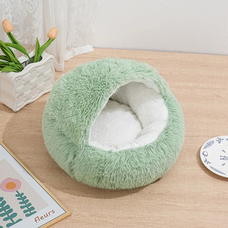 Winter Ultrasoft Plush Round Cat Bed 2 In 1 DeluxeNest