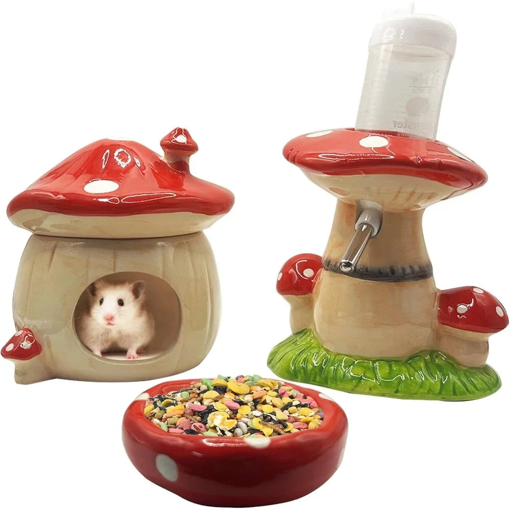 Mushroom Ceramic Hamster Hideout With Water Bottle Stand And Bowl