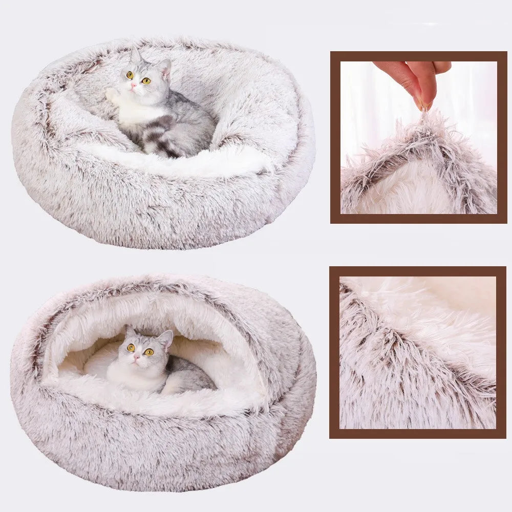 Winter Ultrasoft Plush Round Cat Bed 2 In 1 DeluxeNest