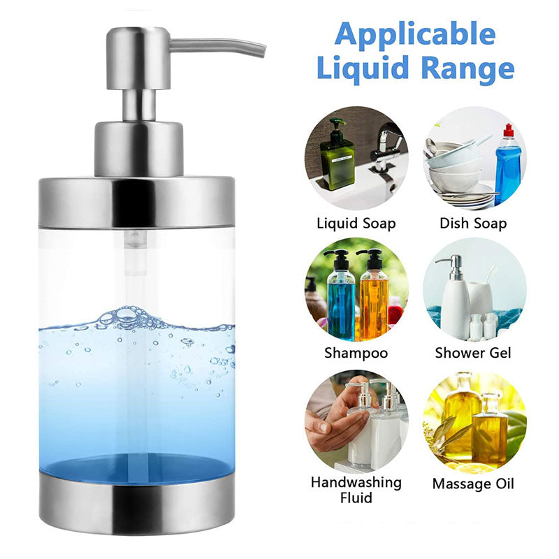 Soap Dispenser Stainless Steel and Acrylic Shampoo Bottle for Bathroom Kitchen Washing Up Hand Soap Shower Gel 350ML