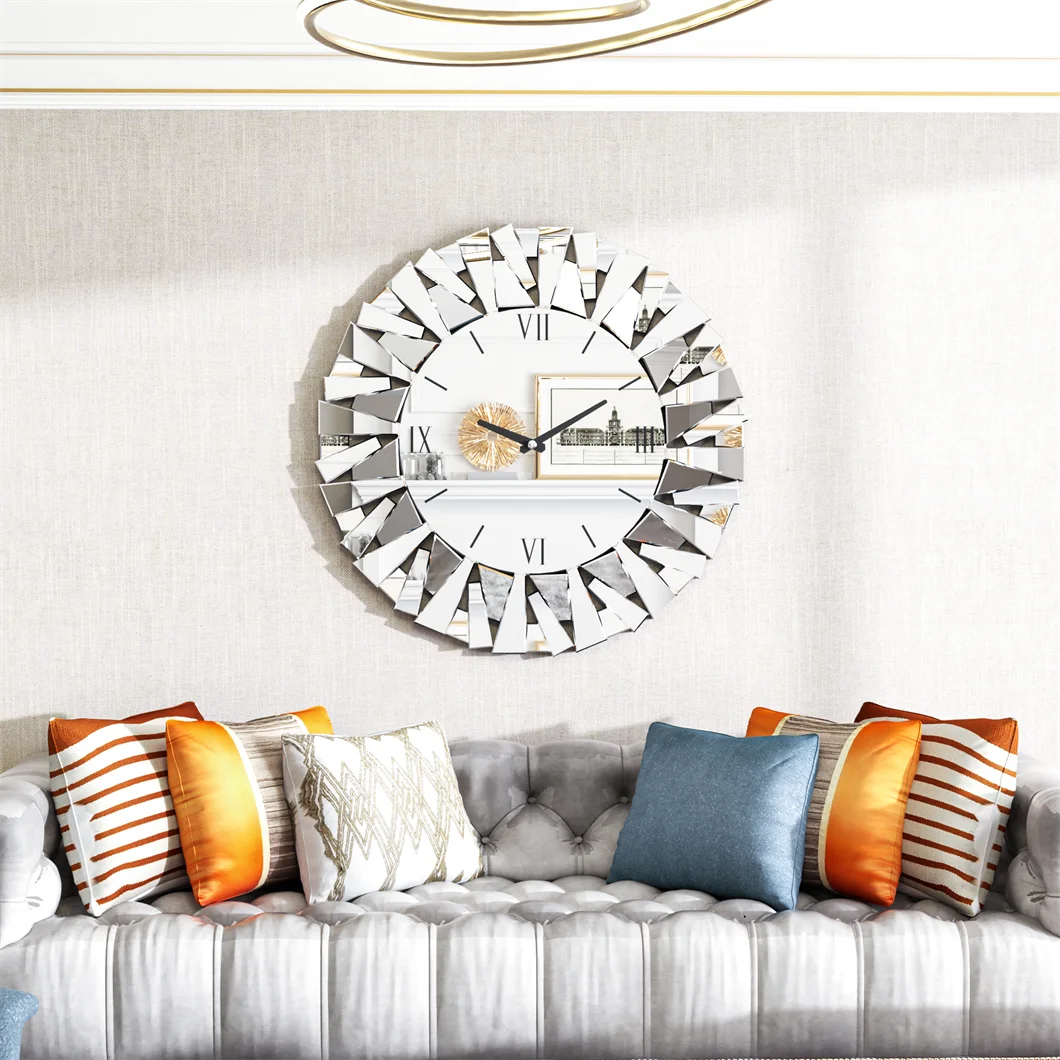 3D Mirrored Round Sunburst Wall Clock Roman Numerals