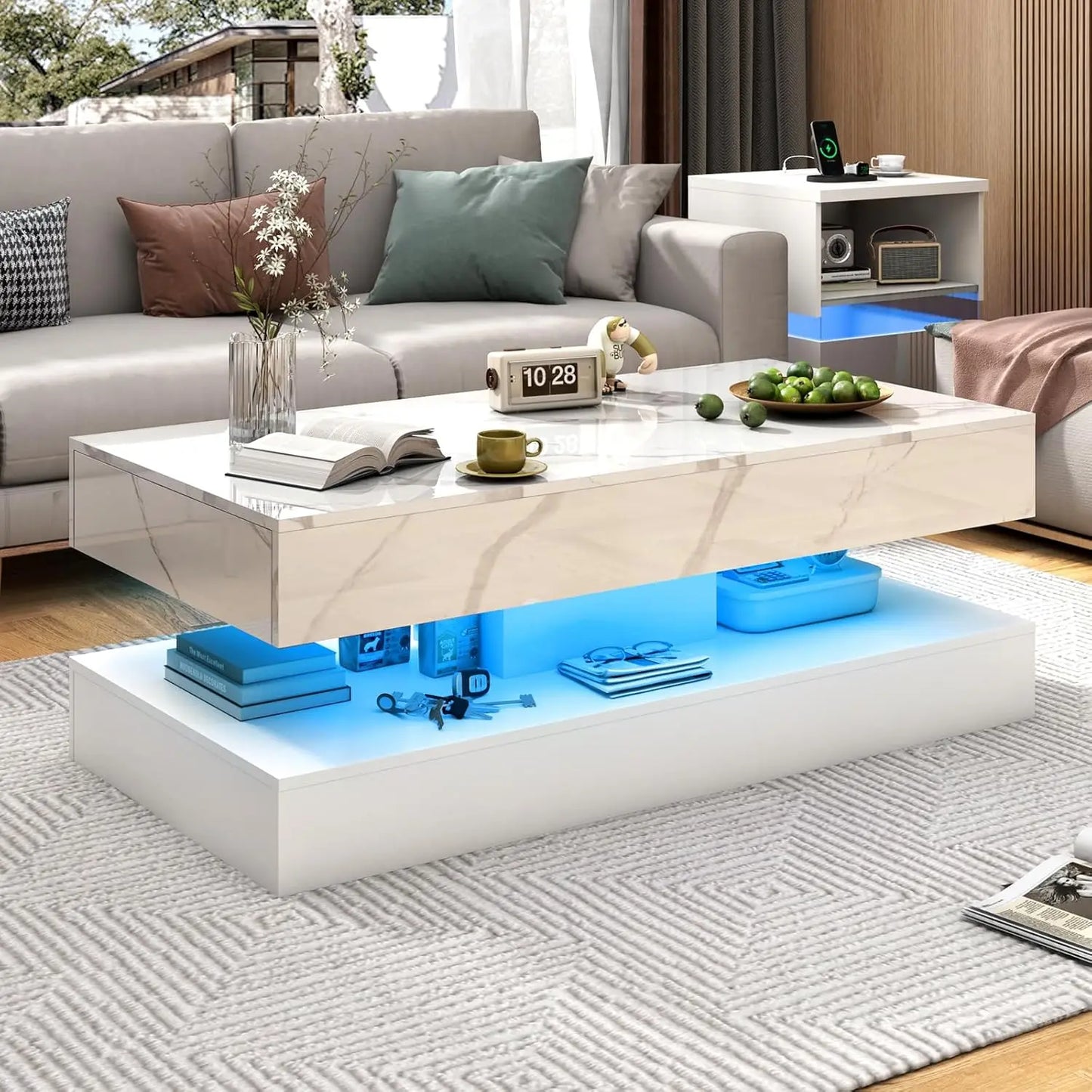 QiaoShiRen Modern LED Coffee Table With Double Layer Drawers