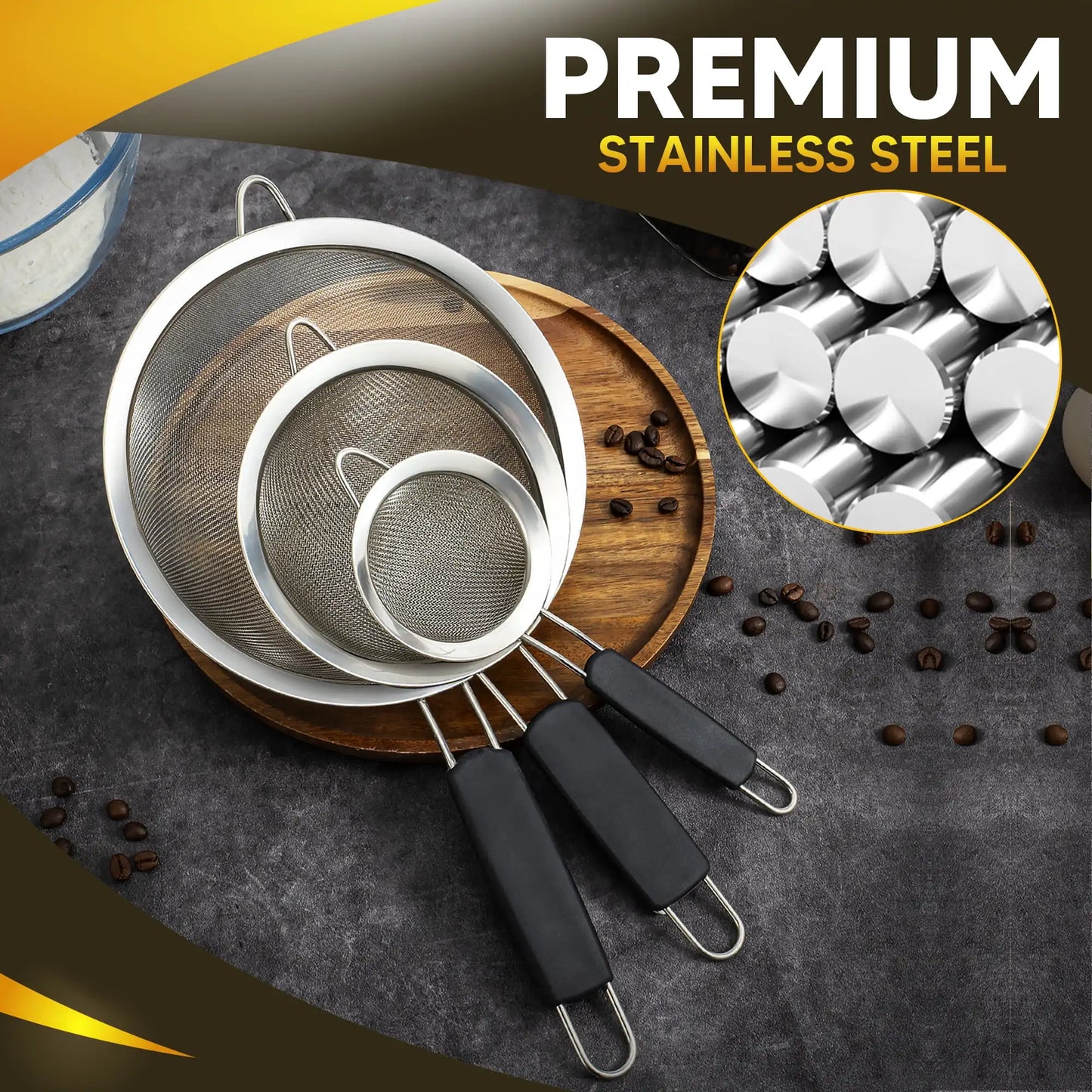 3 Pcs Fine Mesh Strainers Set of 3 Size with Handle,3.4",5.5",7.9" Kitchen Stainless Steel Strainer for Juicing,Pasta,Food,Flour