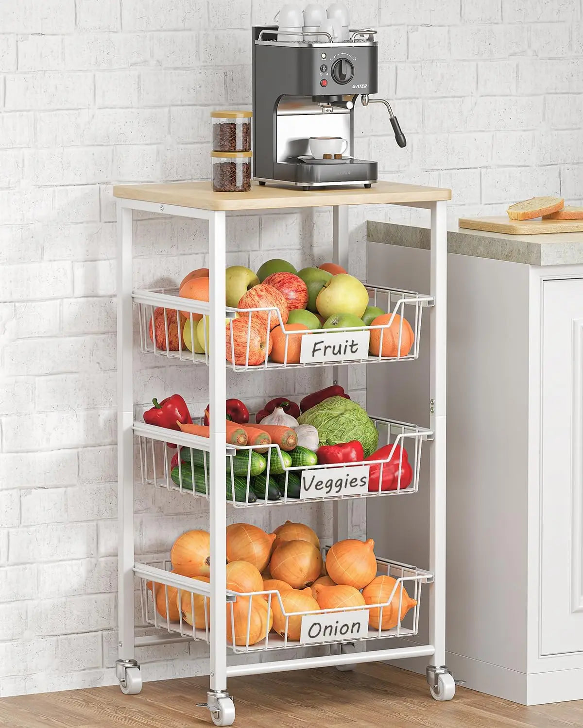 4-Tier Rolling Kitchen Cart With Wood Top And Drawer Baskets