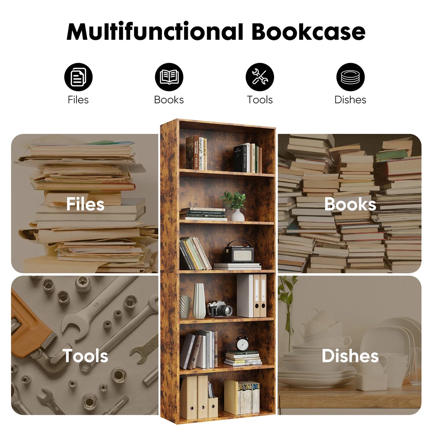 JHK 6 Tier Wooden Shelf Bookcase Floor Standing Living Room