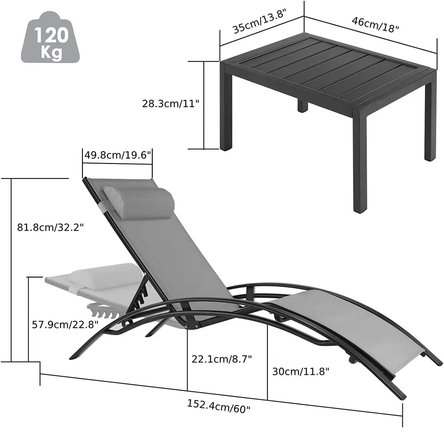 AuAg 5-Position Aluminum Outdoor Lounge Chair Set With Table