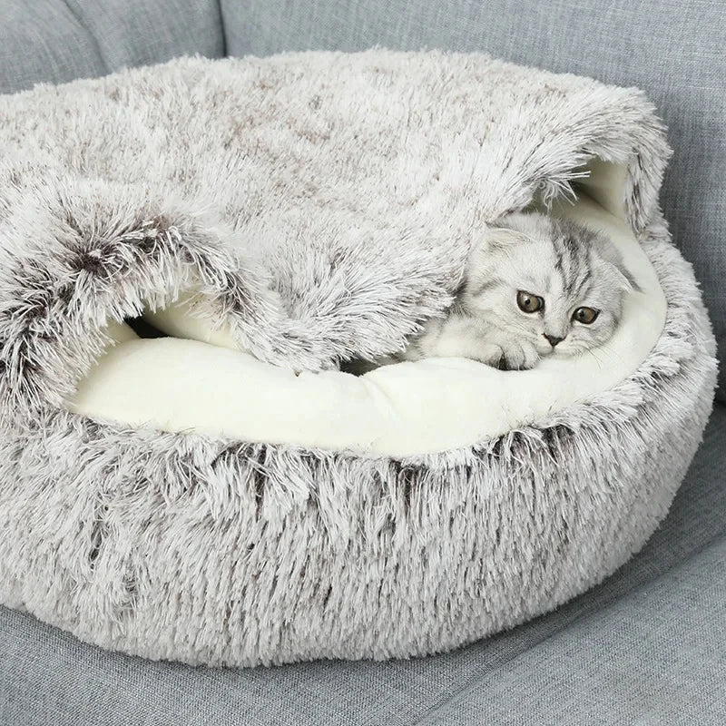 Winter Ultrasoft Plush Round Cat Bed 2 In 1 DeluxeNest