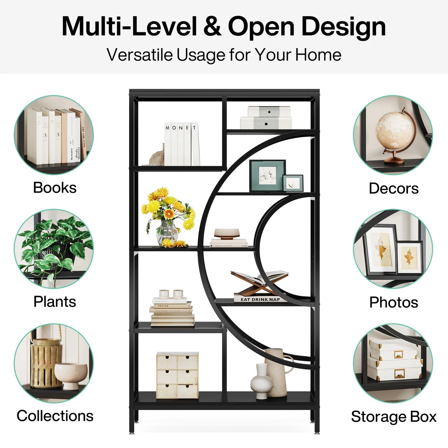 Tribesigns Industrial Etagere Bookshelf Freestanding Tall Display Shelf