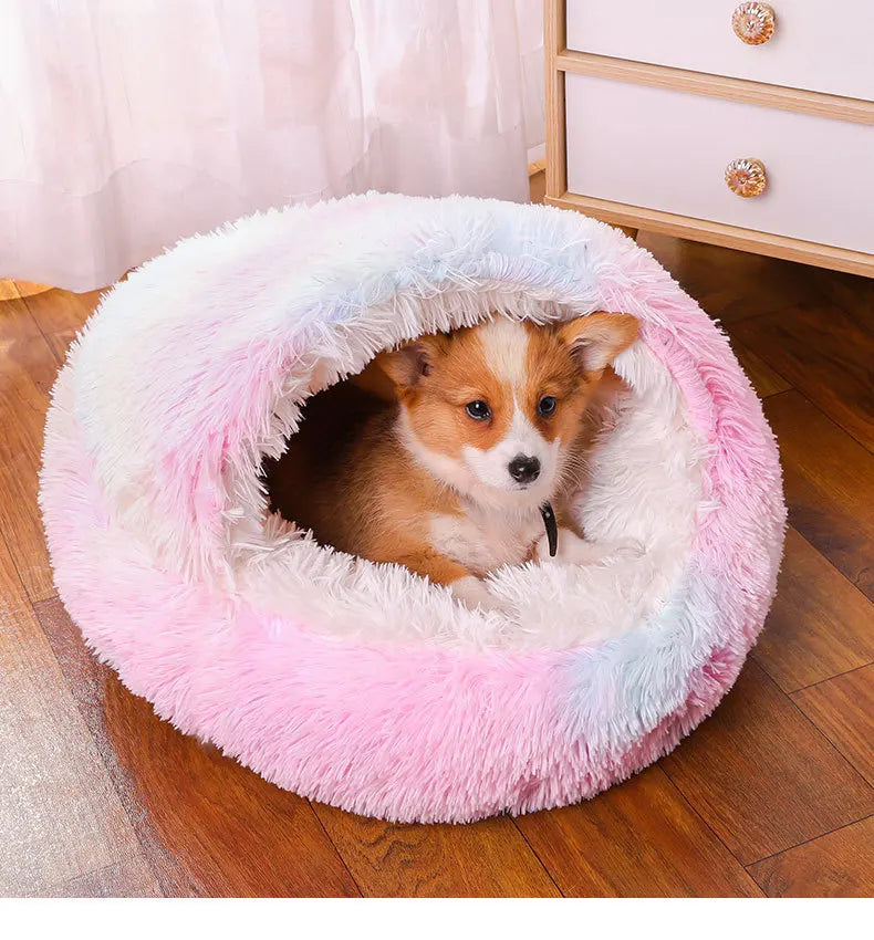 Winter Ultrasoft Plush Round Cat Bed 2 In 1 DeluxeNest