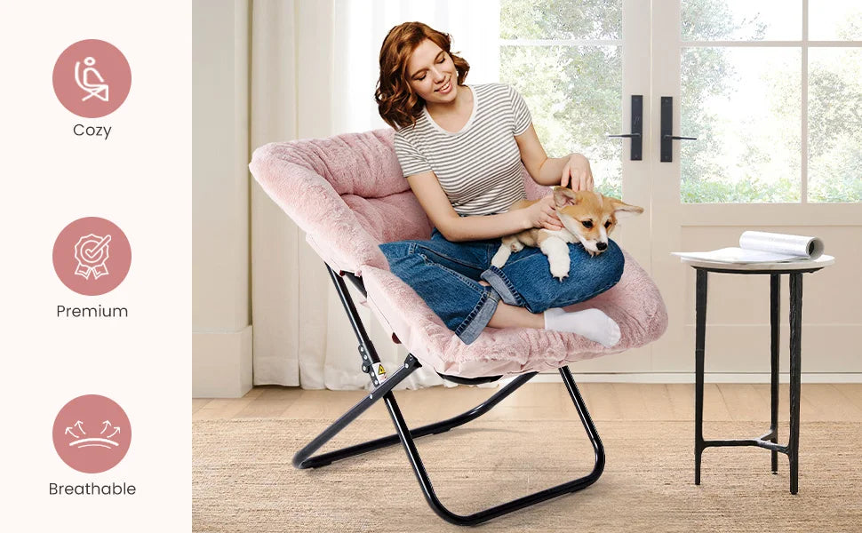 JHK Cozy Folding Saucer Chair With Faux Fur Padded Seat