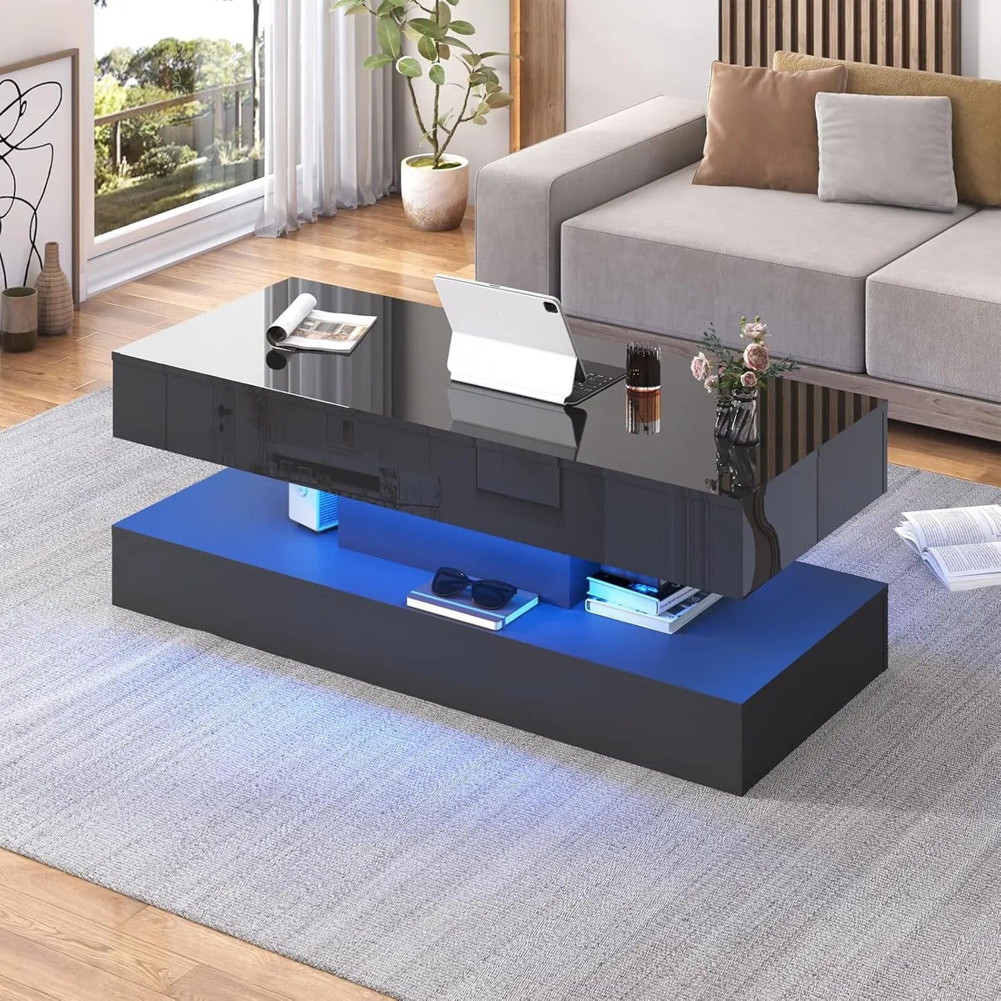 QiaoShiRen Modern LED Coffee Table With Double Layer Drawers