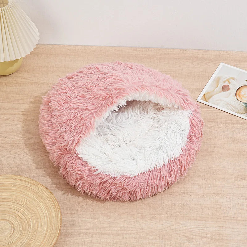Winter Ultrasoft Plush Round Cat Bed 2 In 1 DeluxeNest