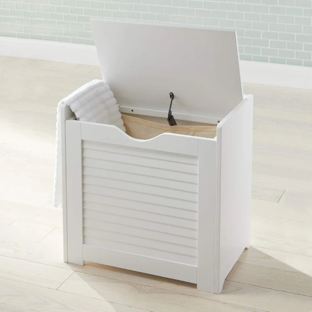 White Louvered Wicker Hamper with Lid
