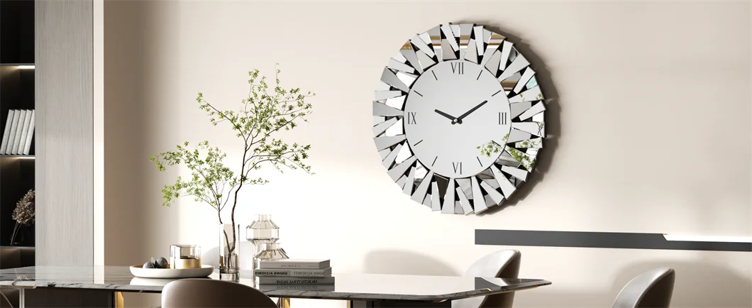 3D Mirrored Round Sunburst Wall Clock Roman Numerals