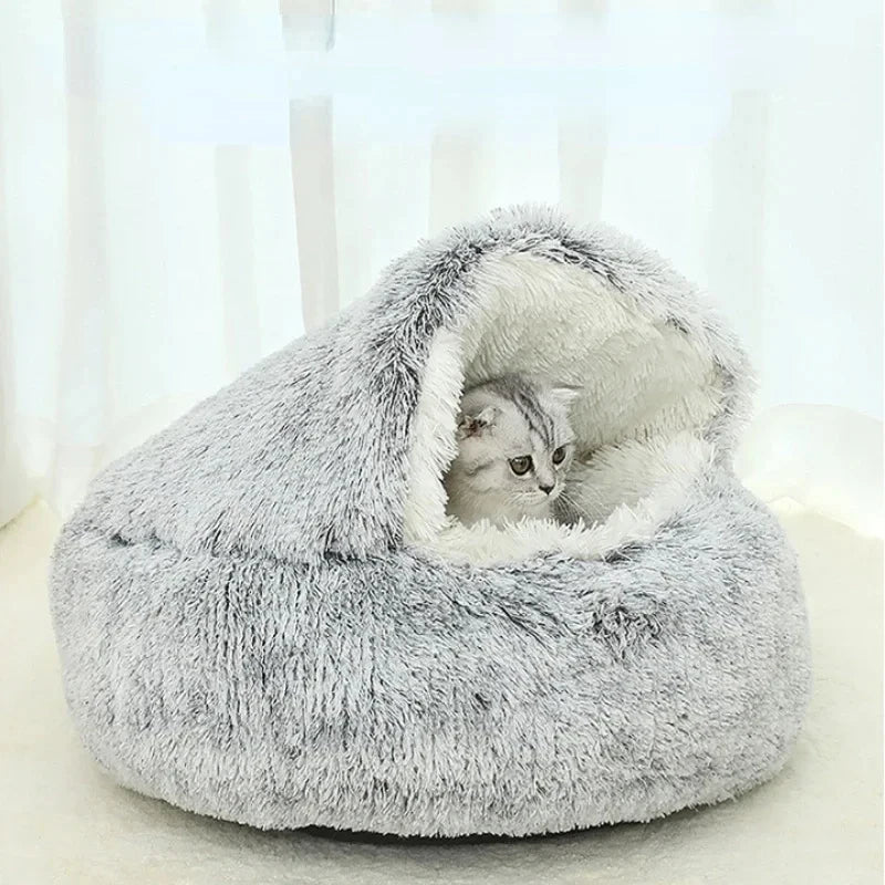 Winter Ultrasoft Plush Round Cat Bed 2 In 1 DeluxeNest