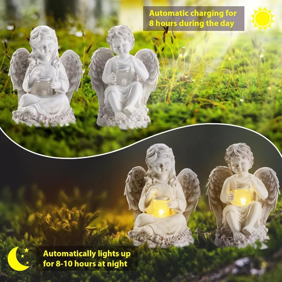 Two Angel Garden Statues Solar Outdoor Yard Decor Set