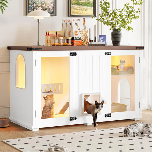 Cat House Hidden Litter Box Enclosure With LED Light