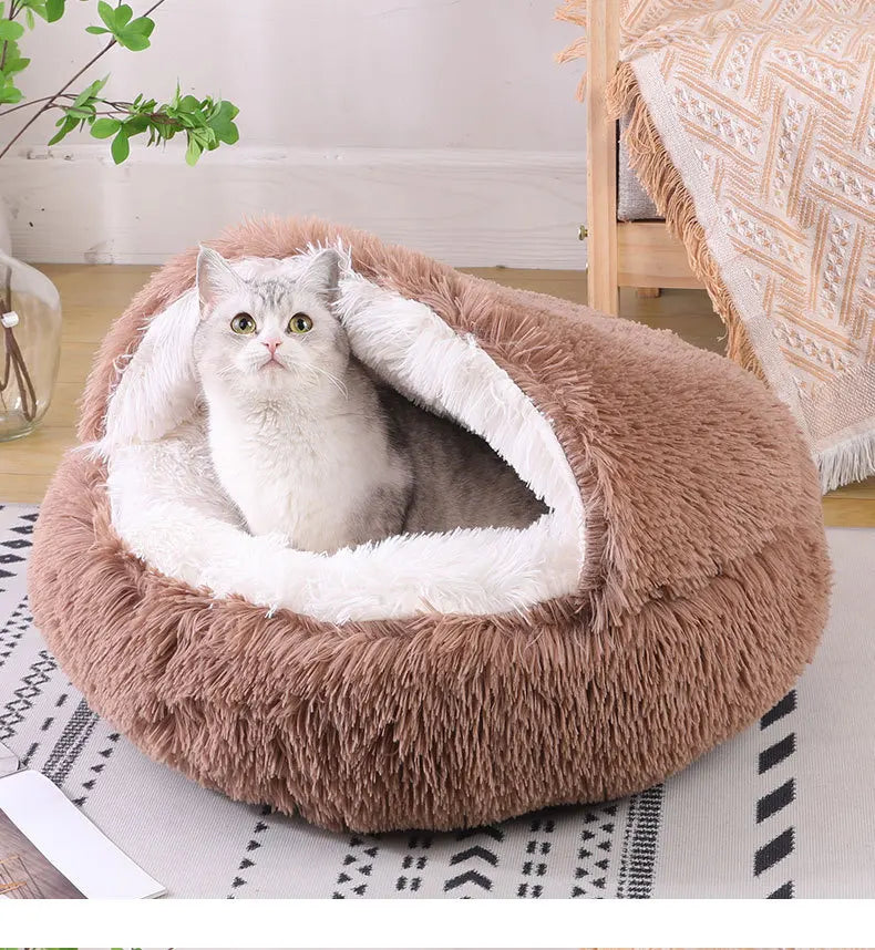 Winter Ultrasoft Plush Round Cat Bed 2 In 1 DeluxeNest