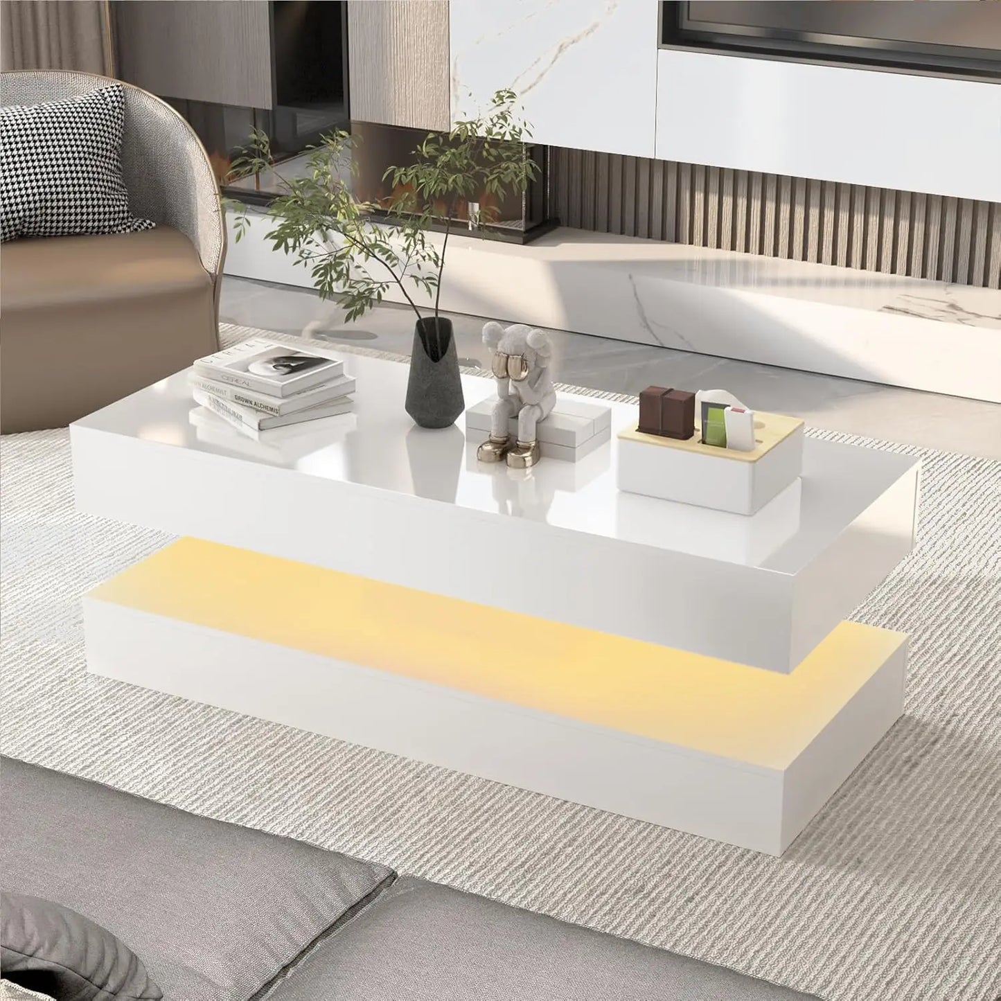 QiaoShiRen Modern LED Coffee Table With Double Layer Drawers