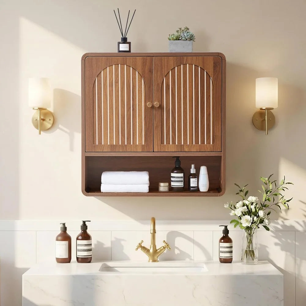 Wall Mounted Mid Century Wood Bathroom Cabinet With Adjustable Shelf