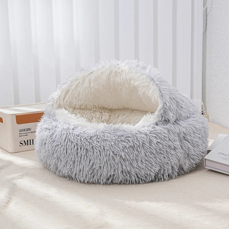 Winter Ultrasoft Plush Round Cat Bed 2 In 1 DeluxeNest